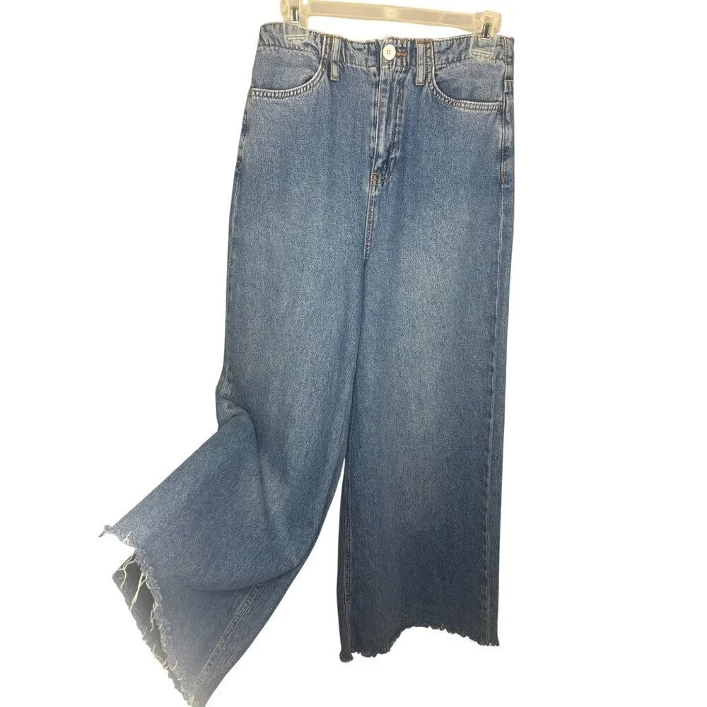 Free People Wide Leg Jeans Raw Hem Ladies Size 8 High Waist